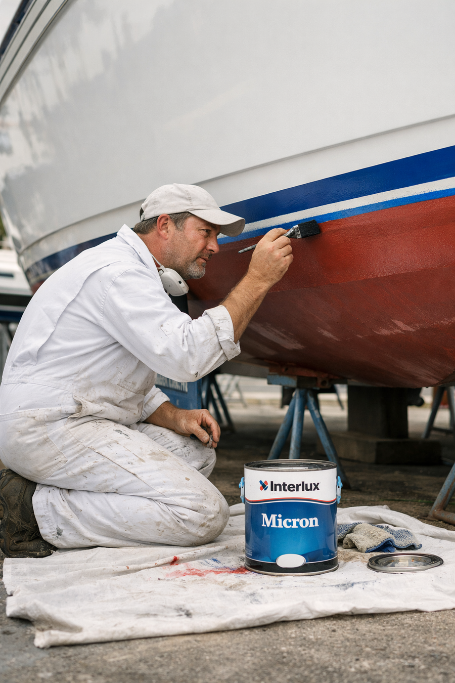 Person painting a boat with Interlux Micron paint