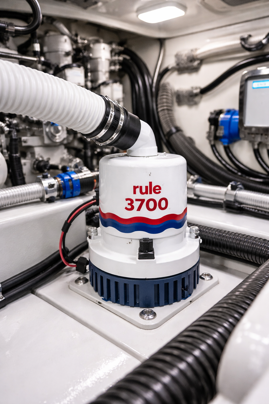 Marine pump with 'rule 3700' branding in an engine compartment.
