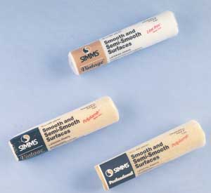 Three packaged Simms paint roller refills labelled for smooth and semi-smooth surfaces