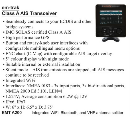 em-trak Class A AIS Transceiver with WiFi/Bluetooth (EMT A200)