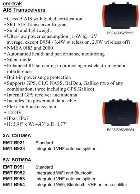 em-trak Class B AIS Transceiver 2W CSTDMA with VHF Splitter (EMT B923)
