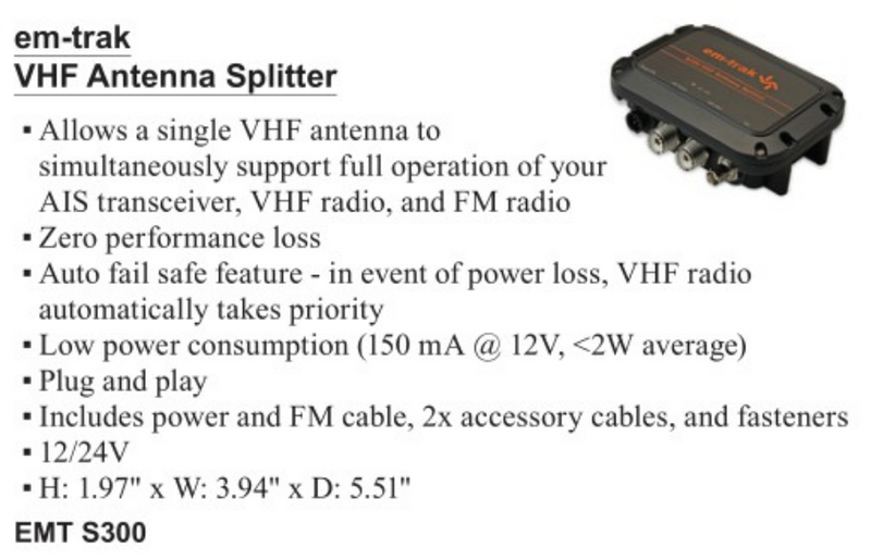 em-trak VHF Antenna Splitter (EMT S300)
