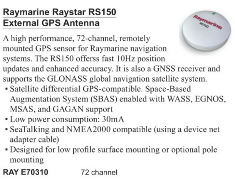 Raymarine Raystar RS150 External GPS Antenna 72 Channel (RAY E70310)