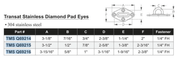 Technical drawing and specifications of Transat Stainless Diamond Pad Eyes with dimensions and part numbers.
