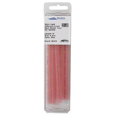 Vertex 82312 semi-rigid adhesive-lined heat-shrink tubing, red, 22–18 AWG as marked on package. Six 6-inch pieces per pack.