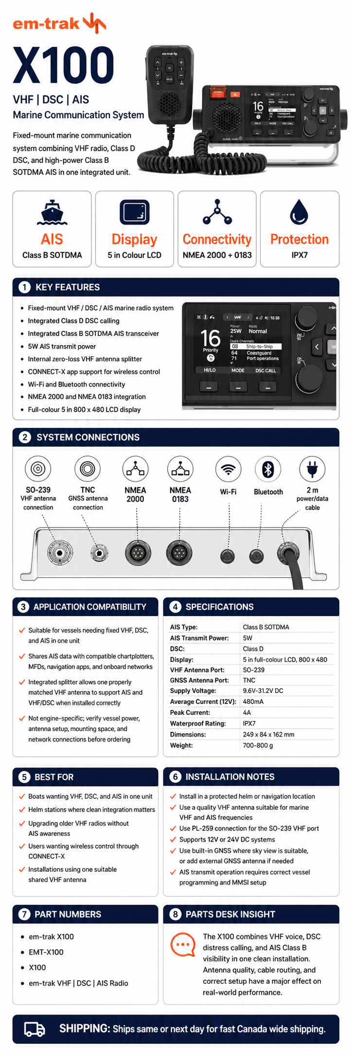 em-trak X100 Fixed Mount VHF/DSC Radio with AIS Class B EMT-X100