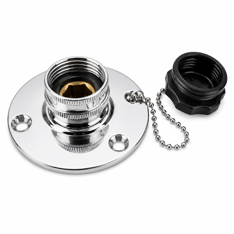 Sea-Dog Stainless Steel Fresh Water Inlet — 1/2" FIPT x 3/4" FGHT, with Cap & Chain (513110)