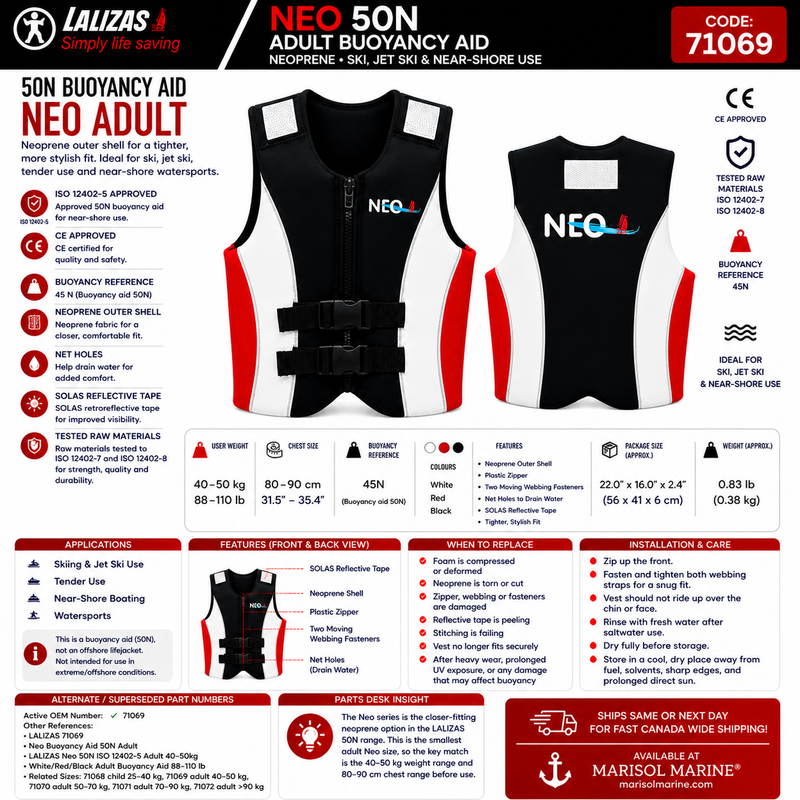 LALIZAS Neo Buoyancy Aid 50N | Adult 40–50kg | 71069 | Neoprene White/Red/Black