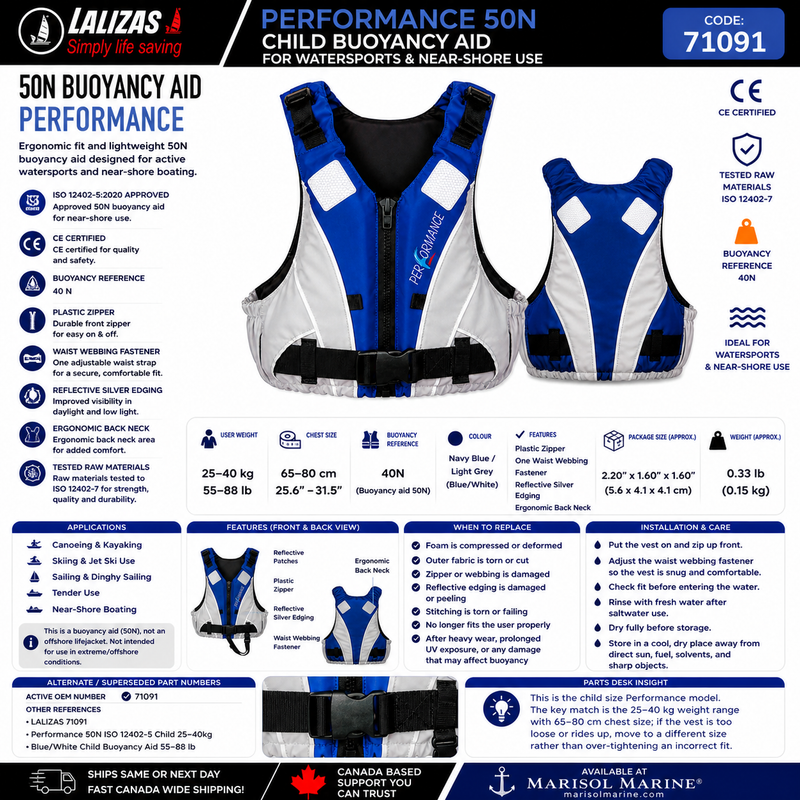 LALIZAS Performance Buoyancy Aid 50N | Child 25–40kg | 71091 | Navy/Grey