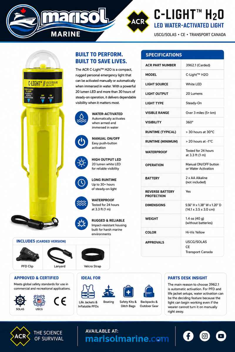ACR C-Light H2O LED Emergency Light — Auto Water-Activated, 20 Lumen, 30+ Hr, USCG/SOLAS | ACR 3962.1