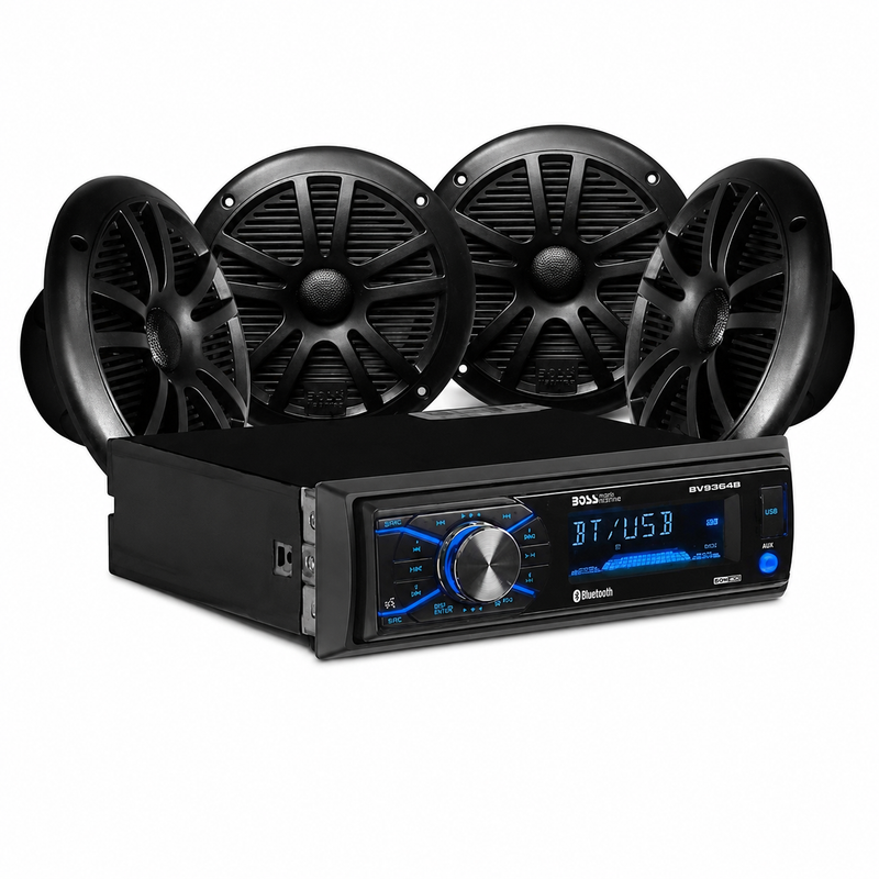 Boss Audio MCBK634B64 Bluetooth Weatherproof Marine Receiver Package w/ 2 pairs of 6.5" Speakers, Black