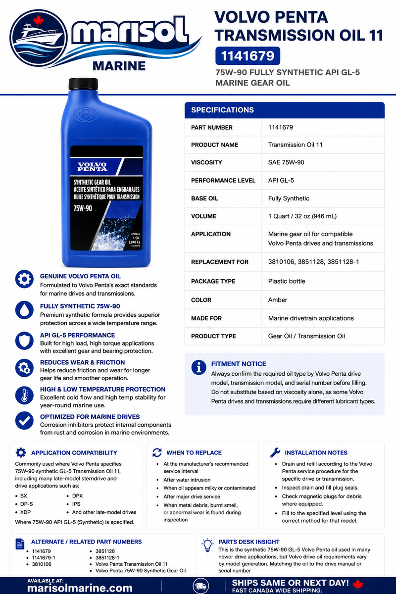 Volvo Penta Transmission Oil 11 75W-90 GL-5 Synthetic 1141679