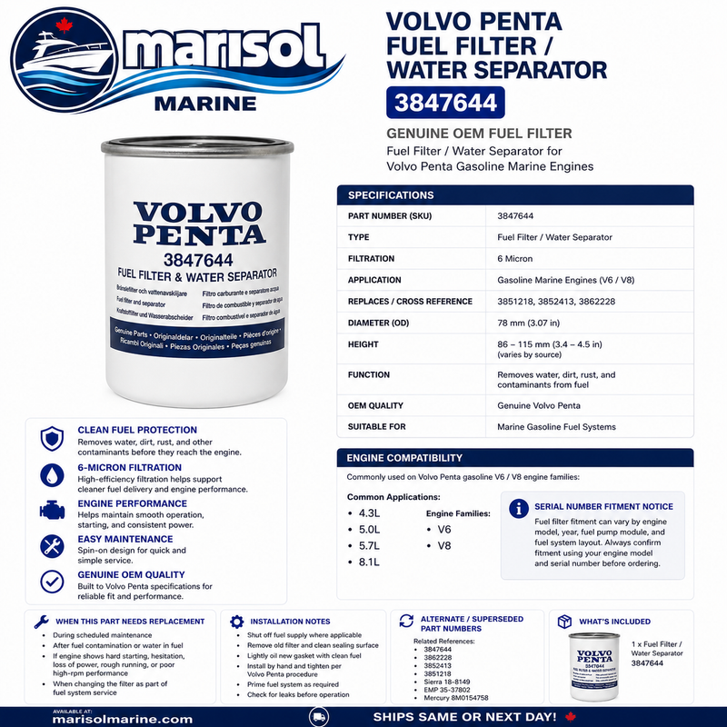 Volvo Penta Fuel Filter Water Separator 6-Micron 3847644