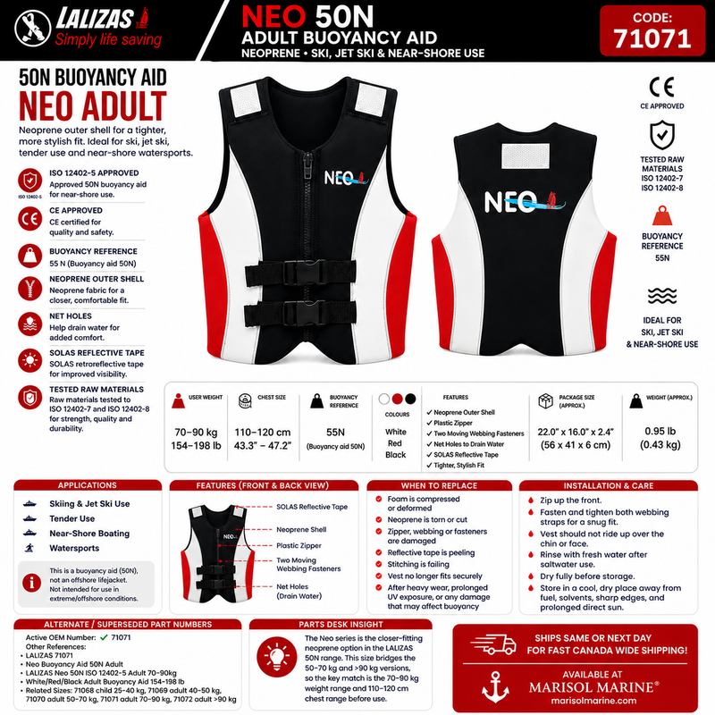 LALIZAS Neo Buoyancy Aid 50N | Adult 70–90kg | 71071 | Neoprene White/Red/Black