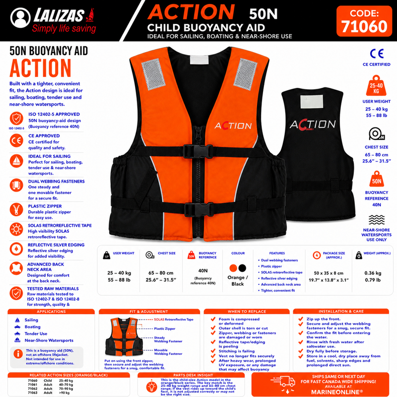 LALIZAS Action Buoyancy Aid 50N | Child 25–40kg | 71060 | Orange/Black