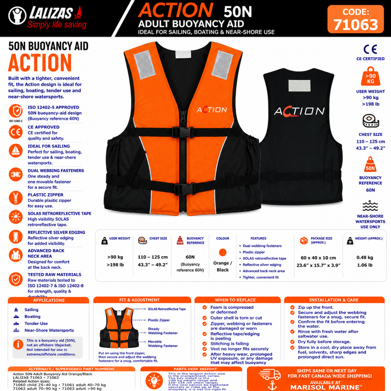LALIZAS Action Buoyancy Aid 50N | Adult >90kg | 71063 | Orange/Black