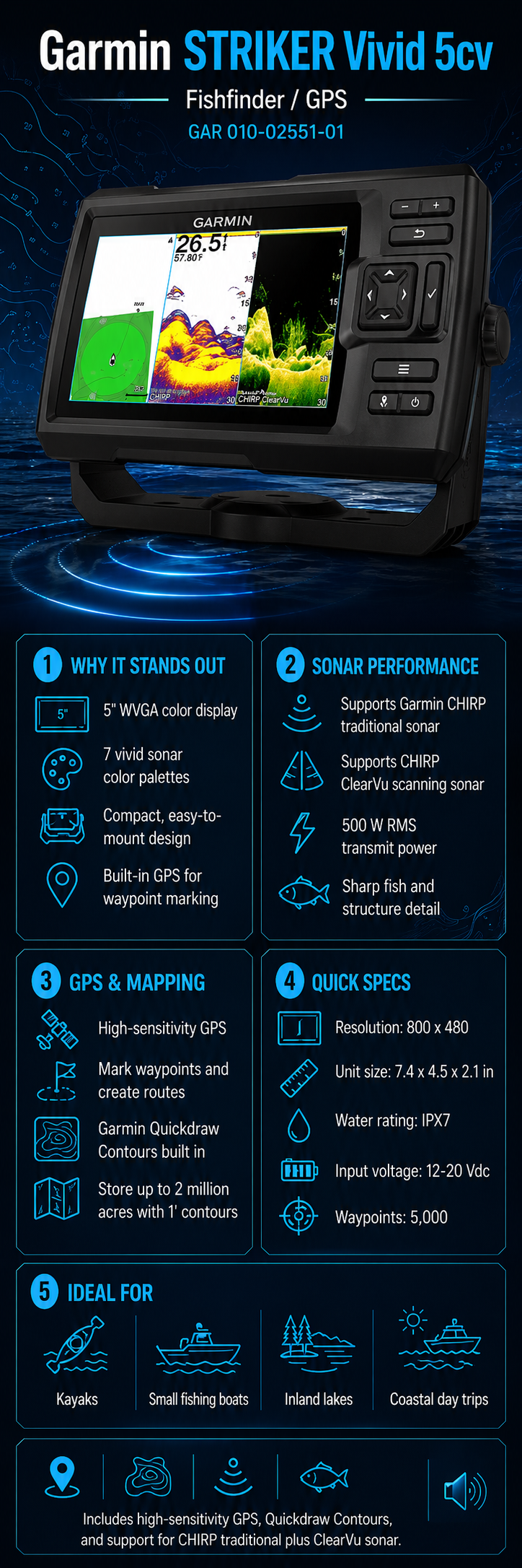 Garmin STRIKER Vivid 5cv Fishfinder/GPS with GT20-TM Transducer