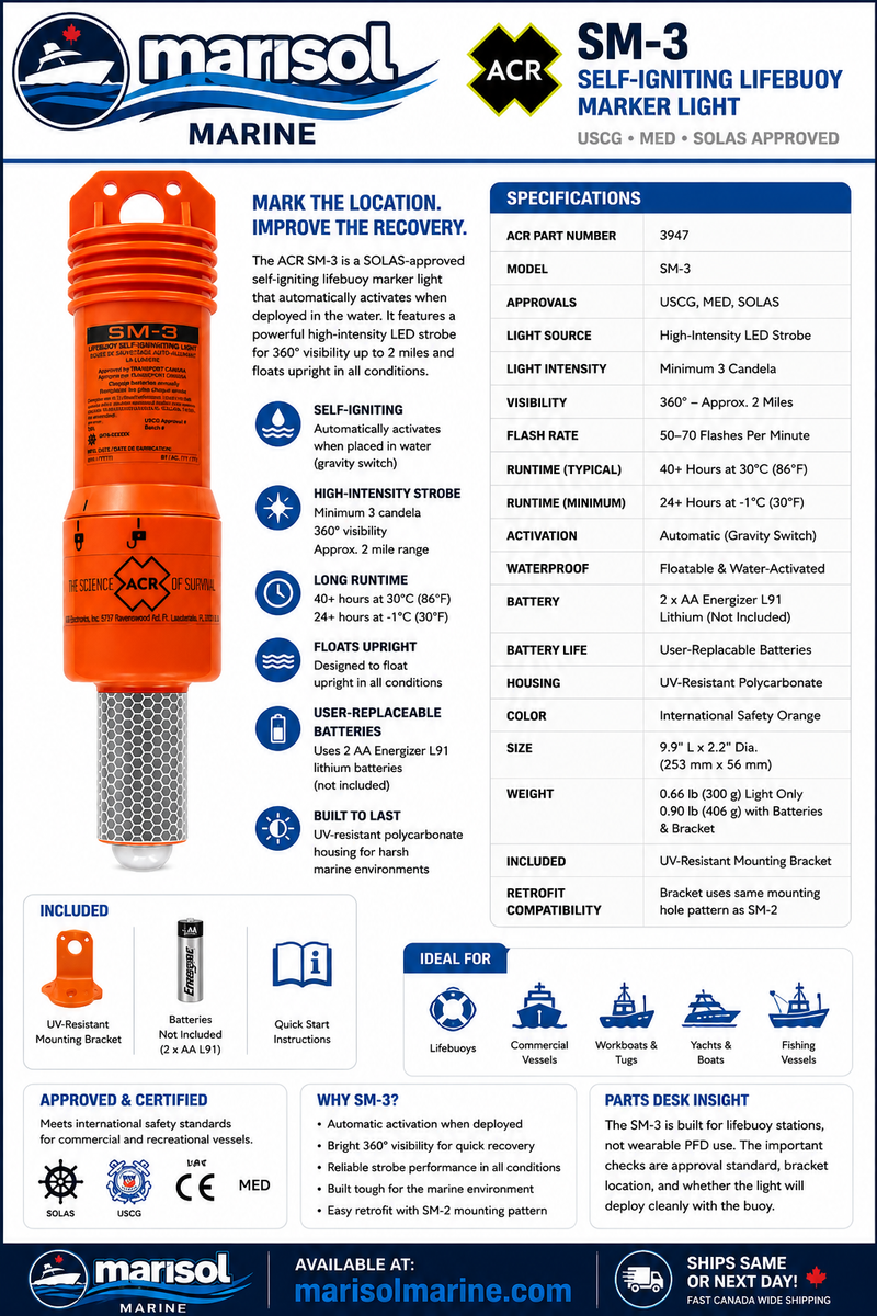 ACR SM-3 Self-Igniting Lifebuoy Marker Light — Auto Water-Activated, 360°, USCG/MED/SOLAS | ACR 3947
