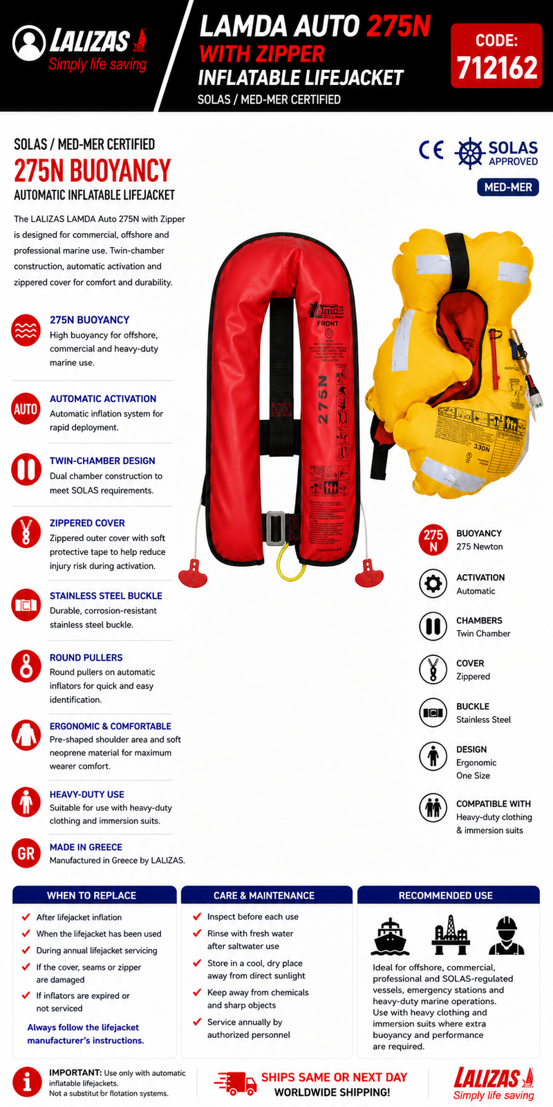 LALIZAS LAMDA Auto 275N Lifejacket | SOLAS/MED-MER | Zipper | 712162