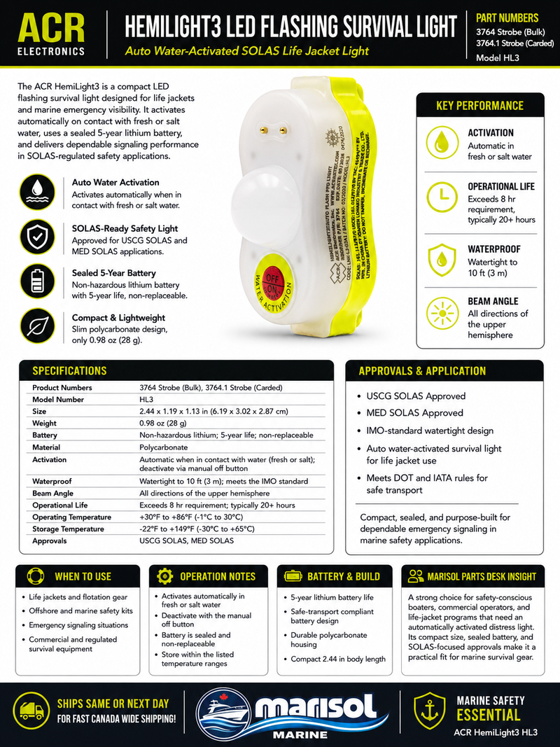 ACR HemiLight3 LED Flashing Survival Light — Auto Water-Activated, SOLAS/USCG/MED, Life Jacket | ACR 3764