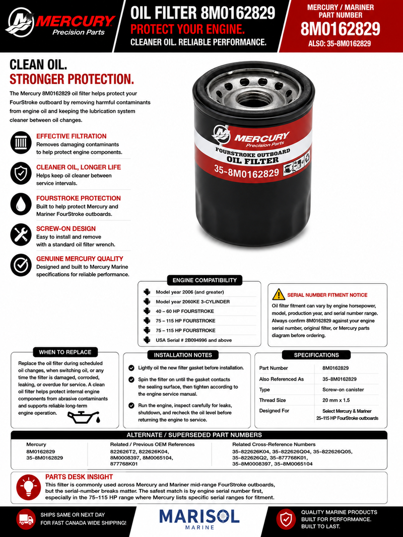 Mercury MerCruiser Quicksilver Oil Filter 8M0162829