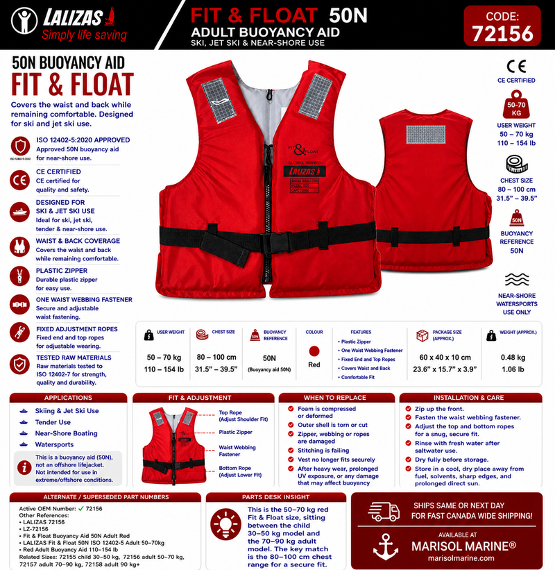 LALIZAS Fit & Float Buoyancy Aid 50N | Adult 50–70kg | 72156 | Red