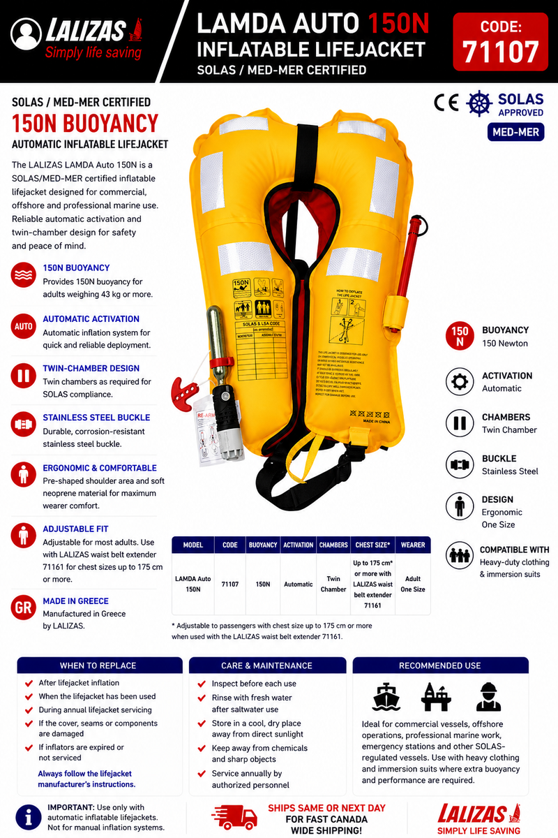 LALIZAS LAMDA Auto 150N Lifejacket | SOLAS/MED-MER | SS Buckle | 71107