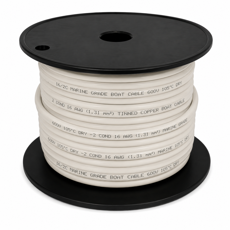 16/2 AWG Tinned Marine Boat Cable – Red/Black, White Jacket, 100'