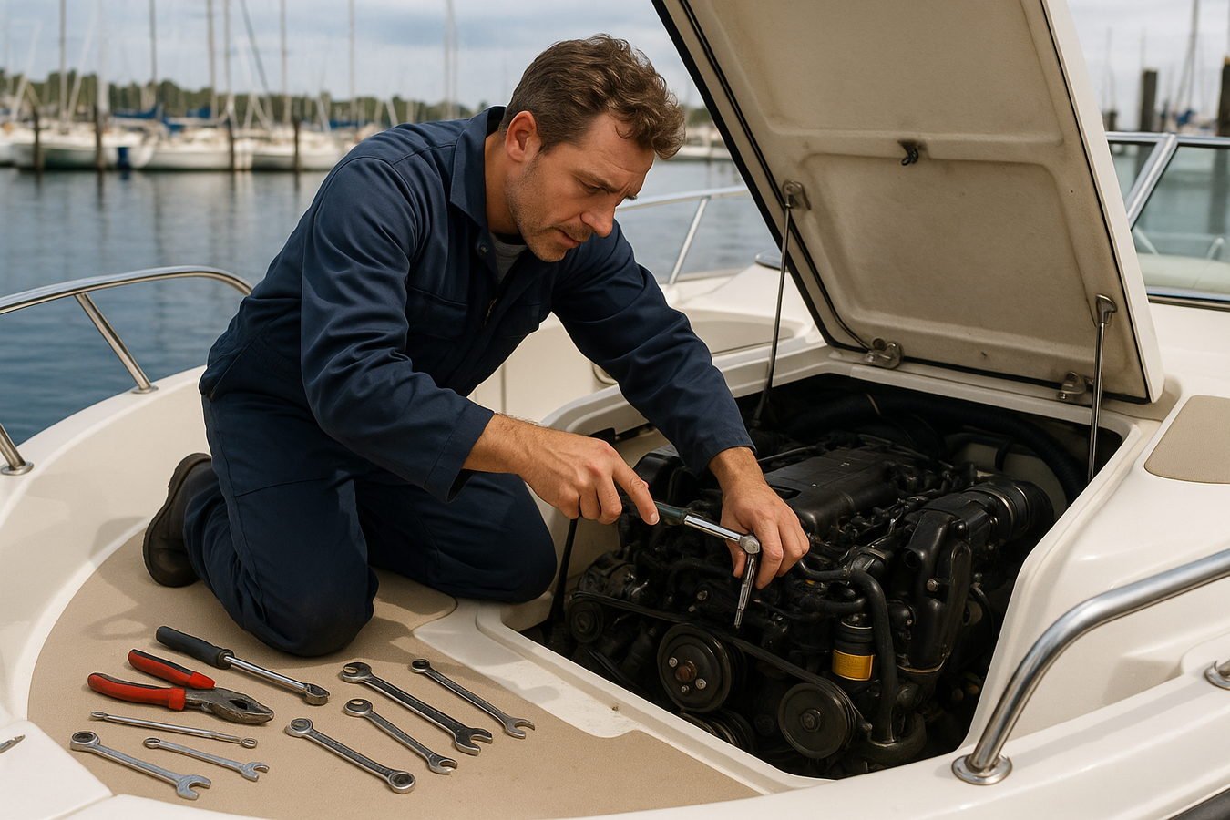 Mechanic servicing a boat