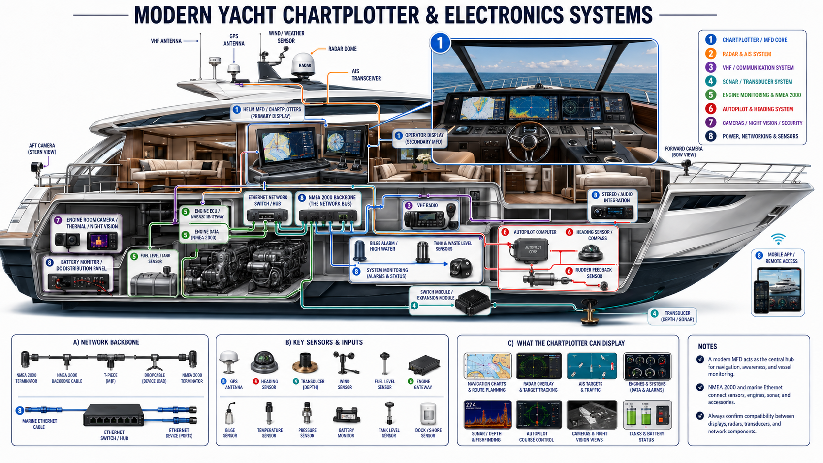 Modern yacht chartplotter and electronics systems infographic showing MFD, radar, AIS, VHF, sonar, transducer, engine monitoring, NMEA 2000, autopilot, cameras, power, networking, and onboard sensors