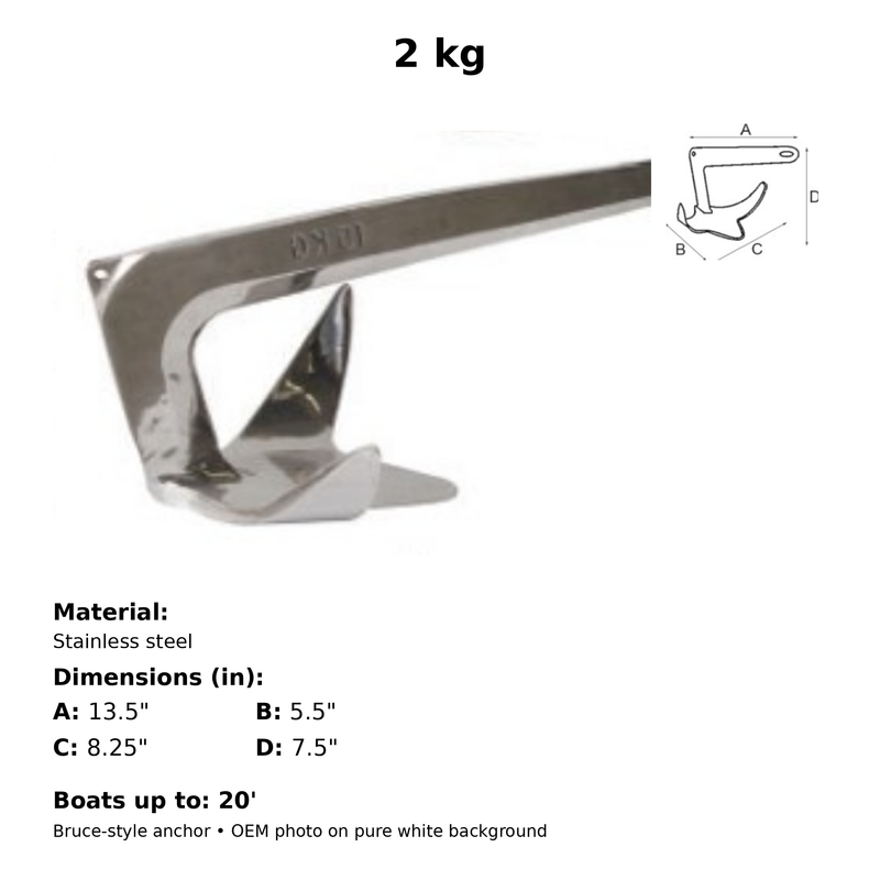 Transat Bruce Style Anchor Stainless Steel 2kg 20' (TMS Q91002S)