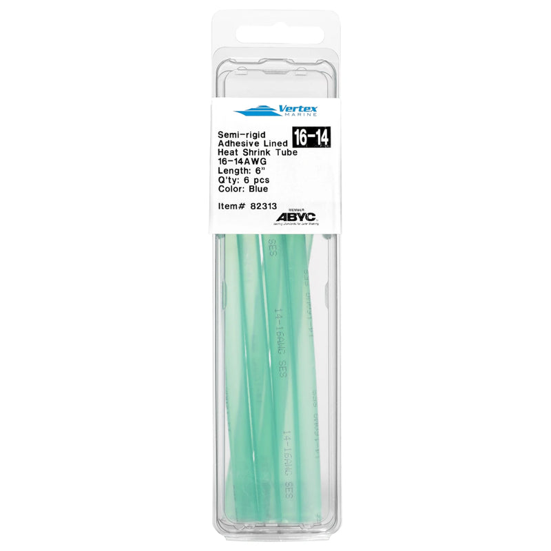 Vertex 82313 semi-rigid adhesive-lined heat-shrink tubing, blue, 16–14 AWG. Six 6-inch pieces per pack.