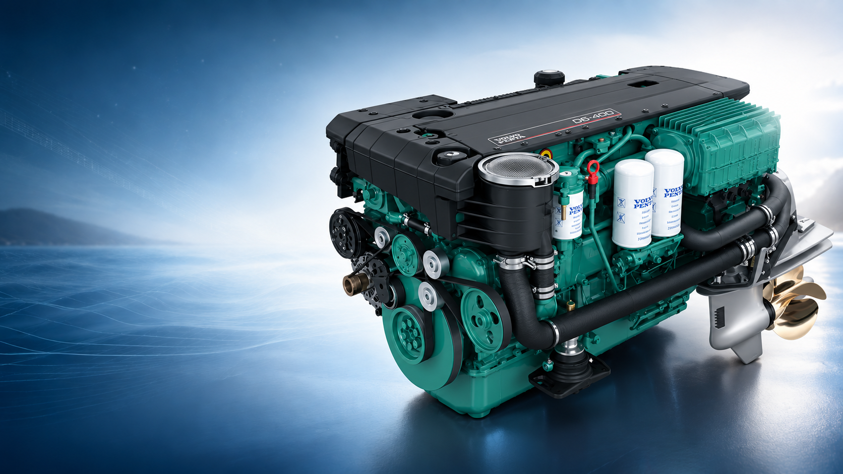 Three-quarter shoppable Volvo Penta D6-400 marine engine image with open blue marine space for catalog copy